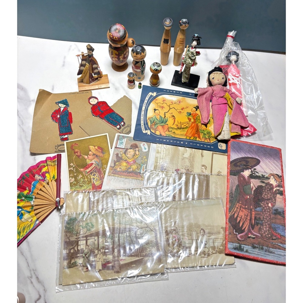 Vintage Japanese Kokeshi Doll Lot Geisha Figurines Postcards Art Fan Souvenirs